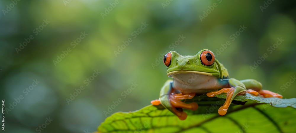 Fototapeta premium red eyed frog on leaf, with copy space