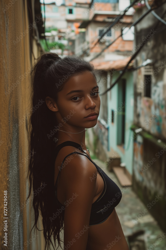 Naklejka premium Teen with long hair in a narrow favela alley, her intense gaze capturing a mood of quiet strength.