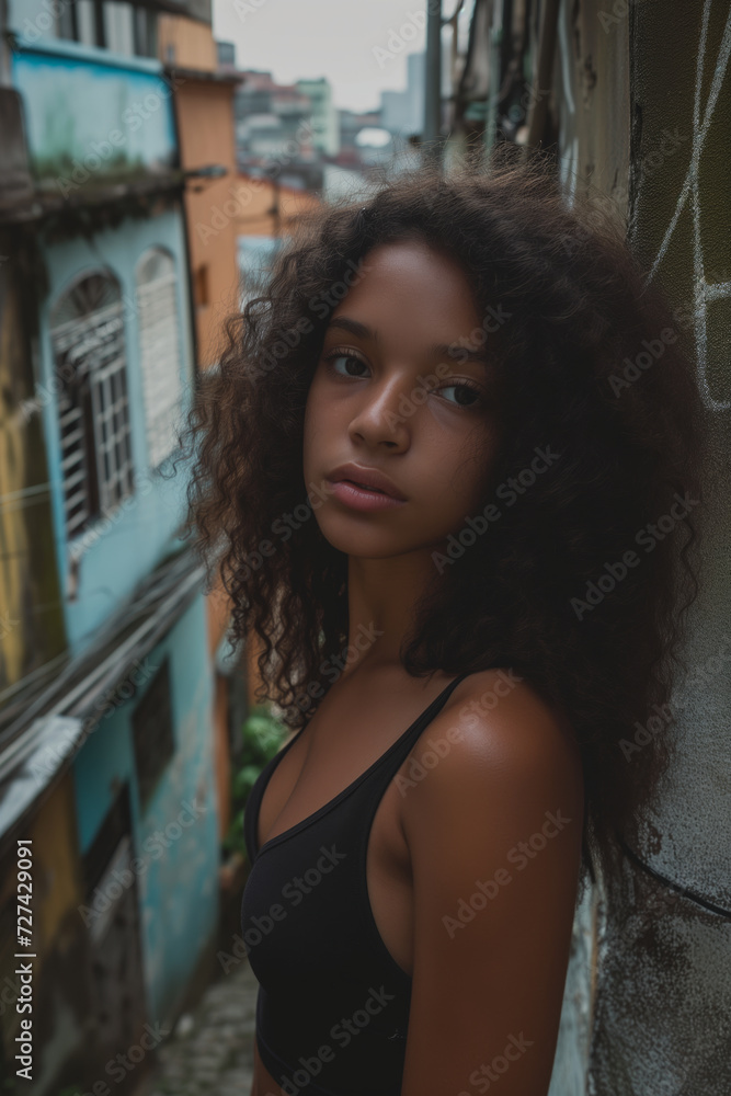 Fototapeta premium Young woman with voluminous curly hair leaning against a graffitied wall in a favela alleyway.
