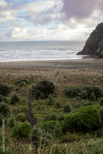 View of sandunes and beach shore line in Whites Beach. Piha, Auckland, New Zealand. photo