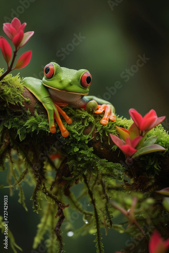 red eyed tree frog hangs from a mossy branch