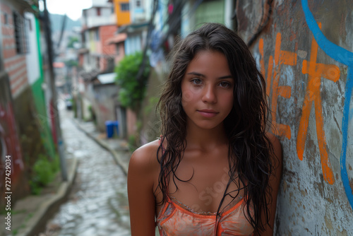 A thoughtful young woman stands in a colorful favela alley, her expression soft against the vibrant graffiti backdrop, embodying a quiet resilience.