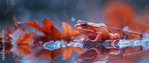 a red frog hides among the leaves  photo