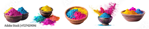 Close-up set of bowls with bright colorful powder. Colorful holi powder in a bowl, cut out - stock png.