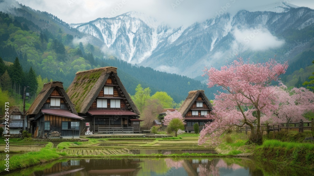 blooming pink cherry blossom trees and traditional japanese house style at countryside of Japan.