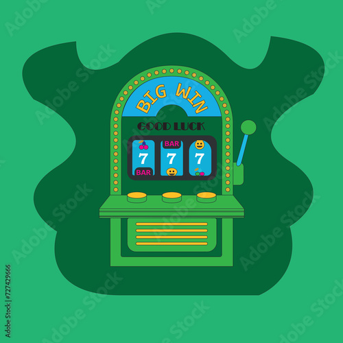 Slot machine with lucky seven jackpot. Casino game win. Gambling item. Big prize concept. One arm bandit. Glowing lamp. line art. Retro flat style vector design illustration on greenboard