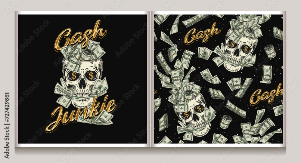 Pattern, label with skull, 100 dollar bills between teeth, golden text, flying apart stacks, dollar notes. Concept of making money, wealth, success, love of money, addiction. Not AI