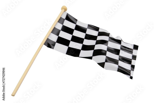 Black and white checkered flag with wooden stick, cut out - stock png.