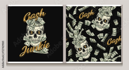 Pattern, label with skull, 100 dollar bills between teeth, golden text, flying apart stacks, dollar notes. Concept of making money, wealth, success, love of money, addiction. Not AI