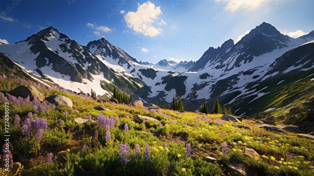 Majestic Mountain Scene With Wildflowers in the Foreground