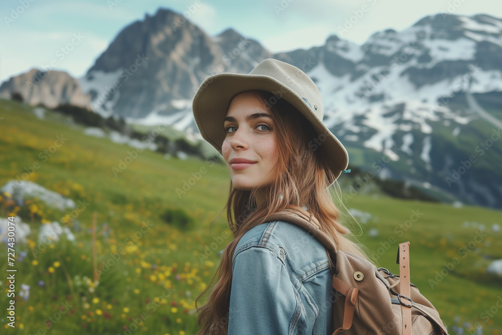 a beautiful female tourist explore mountain
