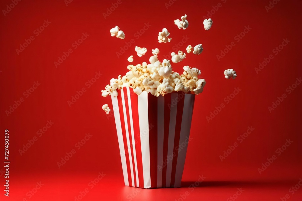 Popcorn in a red box with white stripes on a red background