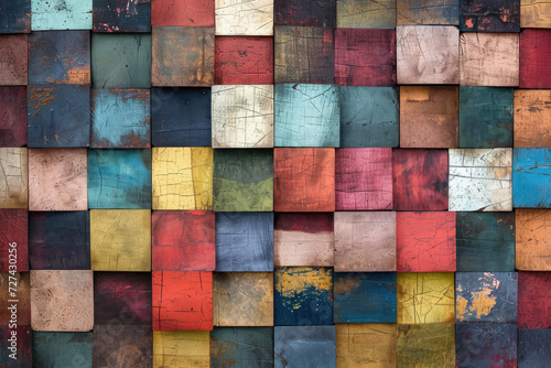 Generate a pattern of overlapping squares, each with unique colors and textures. © Formoney