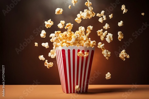 Delicious popcorn in a red striped carton box on a dark orange background with copy space. Bucket of cinema popcorn in a red and white box with exploding popcorn pieces. Movie time theme concept
