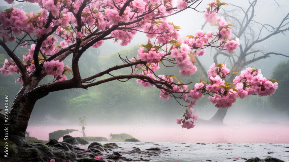 Fototapeta premium Tree With Pink Flowers in a Foggy Forest