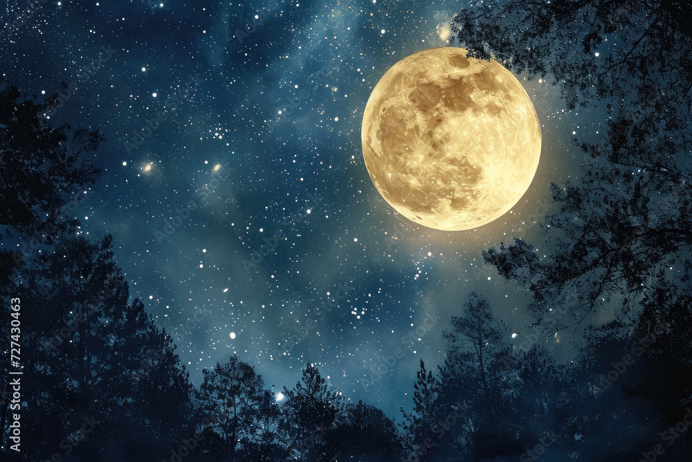 Generate a celestial scene with twinkling stars and a majestic full ...