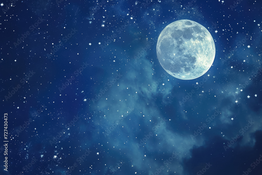 Generate a celestial scene with twinkling stars and a majestic full moon shining brightly