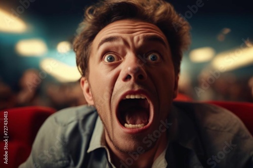 Man with astonished and surprised look is watching a movie in a cinema. Mature adult male with shocked face screaming in a movie theater. Popcorn exploding in the auditorium.Vivid facial expression