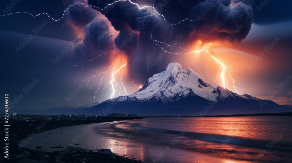 Majestic Mountain Covered in Cloud and Lightning