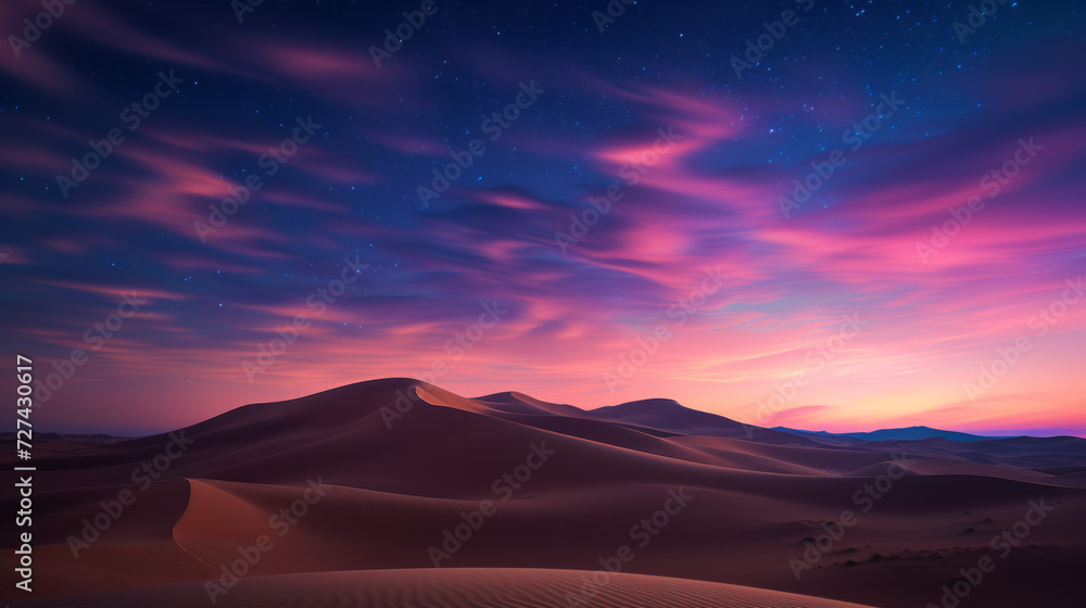 Naklejka premium Desert Landscape With Sand Dunes and Mountains in the Background