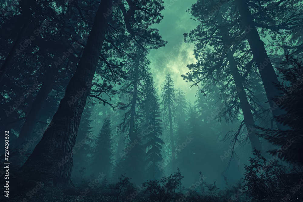 Obraz premium Design a mystical forest with towering trees and a foggy atmosphere