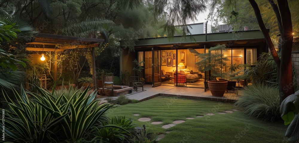 Pioneering bright olive green structure, basic backyard, stylish gate, serene early evening ambiance.