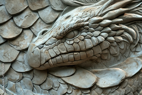 Design a relief sculpture depicting a mythological creature, with intricate scales and textures