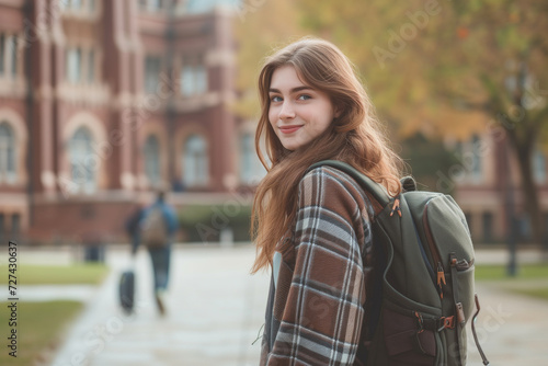 college girl in a casual yet stylish outfit with a backpack slung over one shoulder © Miftakhul Khoiri