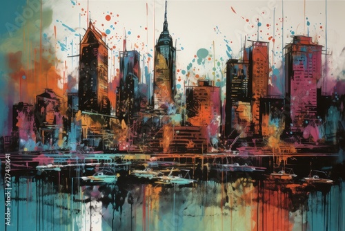 A Painting of a American Cityscape City With Numerous Tall Buildings