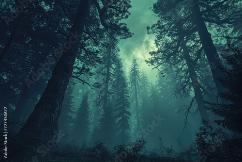 Design a mystical forest with towering trees and a foggy atmosphere