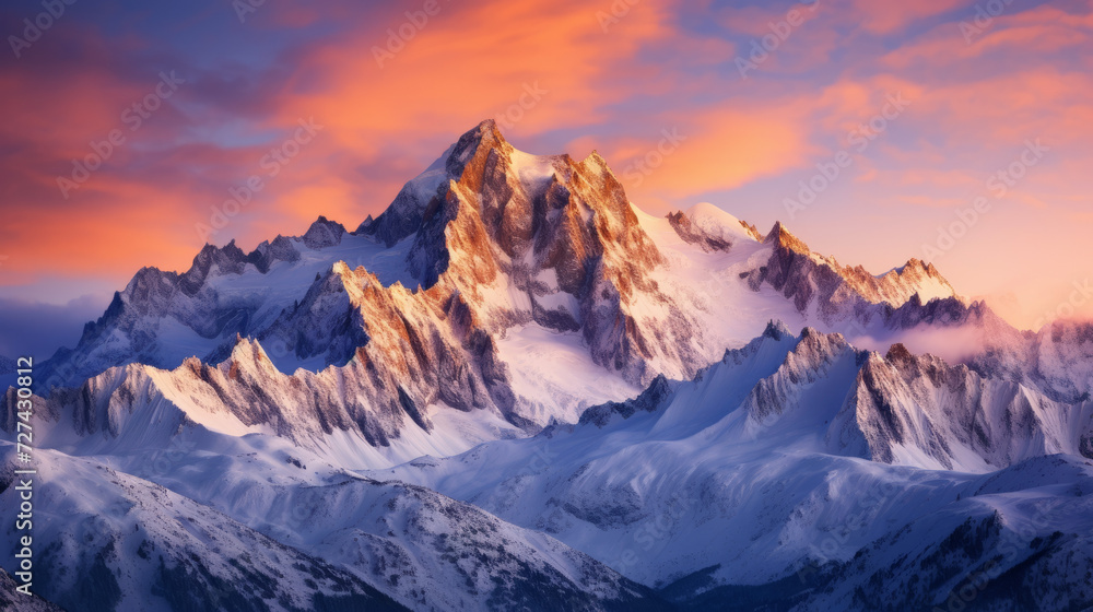 Majestic Mountain Range Blanketed in Snow Under a Pink Sky