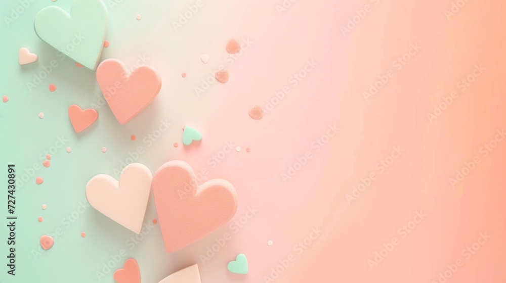 Minimalist pastel peach and mint background with stylish geometric hearts