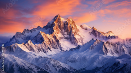 Majestic Mountain Range Blanketed in Snow Under a Pink Sky © Pavlo