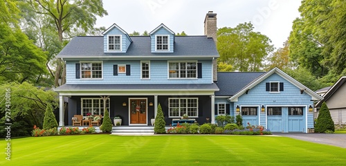 Powder blue house in a serene suburban area, with traditional windows, on a large lot, during a clear spring afternoon.
