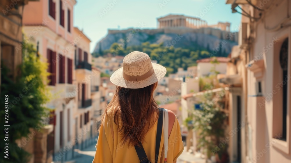 Woman Walking Down a Greek city Street With a Hat On