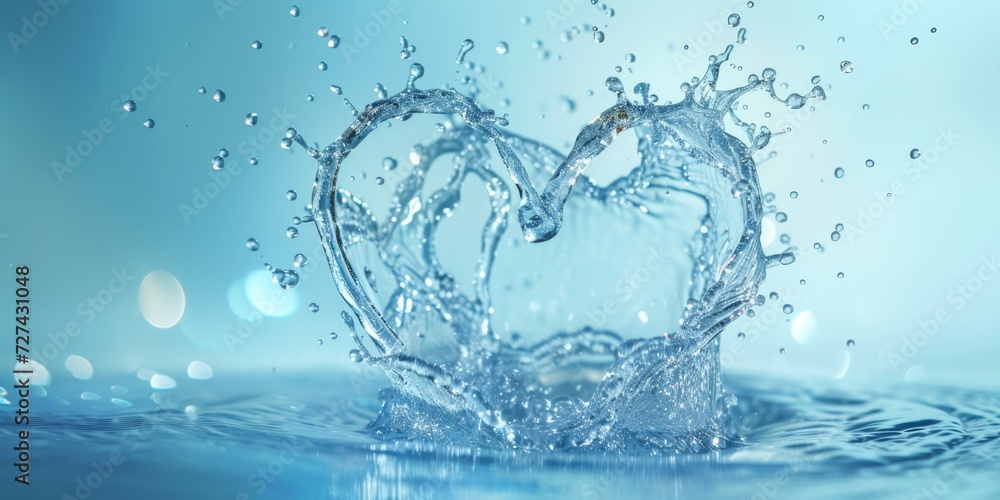 A symbol of love and purity, a heart formed from water splashes against a light blue backdrop A symbol of love and purity, a heart formed from water splashes against a light blue backdrop