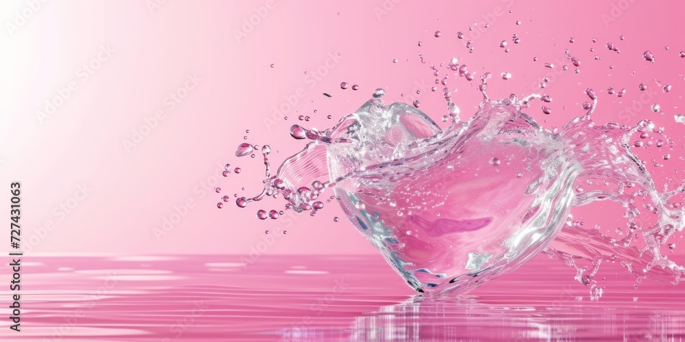 Dynamic water heart splash in crystal clear detail against a gradient pink background Dynamic water heart splash in crystal clear detail against a gradient pink background