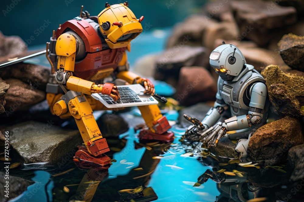 two robots solve a problem in a water. thinking two robots solve a problem in a water. thinking