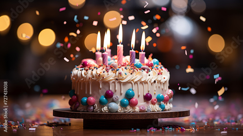 Birthday cake with different decorations from fresh flowers and candles