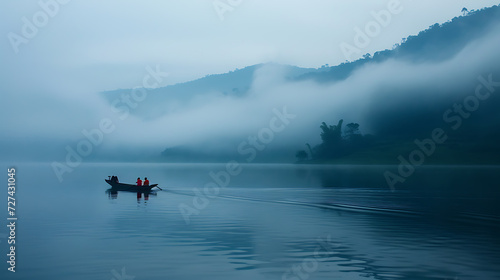 Two people were riding a canoe on a lake where the water was calm and fog had begun to descend over the lake. A view of the lake, canoe, and mountain. Created with Generative AI.