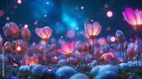 A cosmic Easter garden, where celestial flowers bloom, revealing luminous eggs as they unfurl their petals under the gentle touch of moonlight. 8k, 16k, full ultra hd, high resolution photo