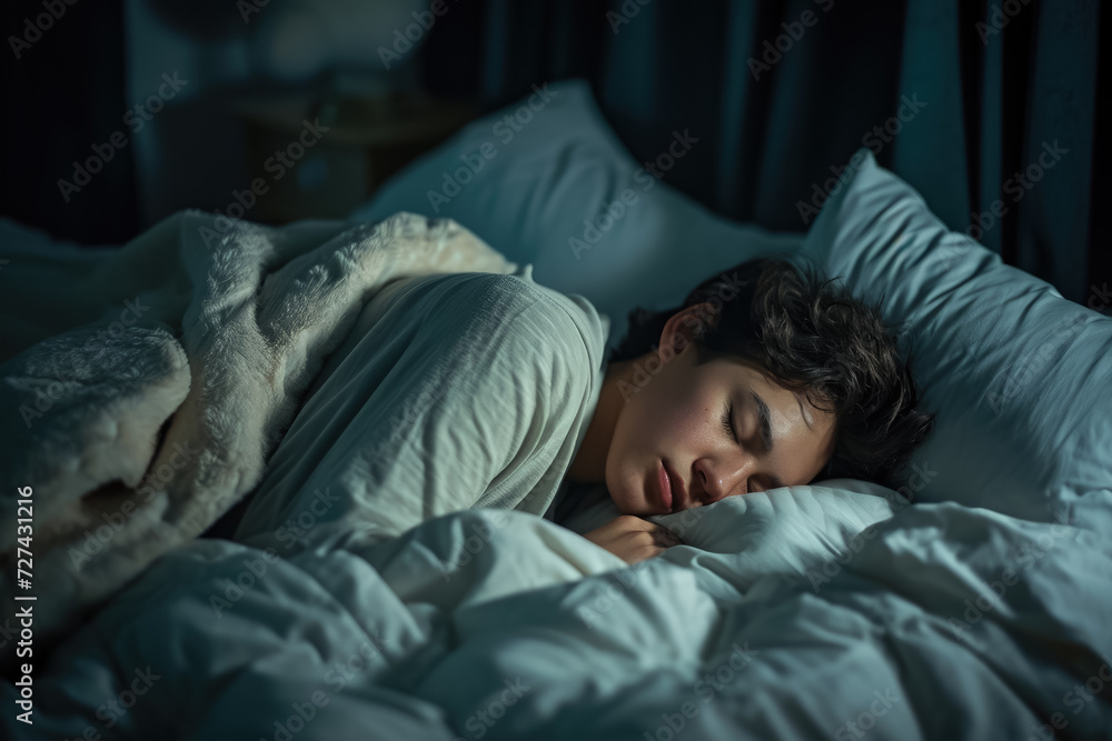 person sleeping in a bed with a pillow and a blanket