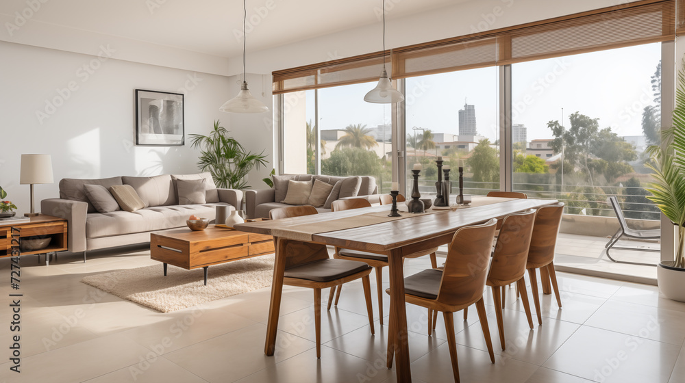 Set of dark wooden furniture in the beige color dining room. Concept of design and stylish light interior