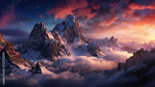 Majestic Mountain Range With Clouds and Stars in the Sky