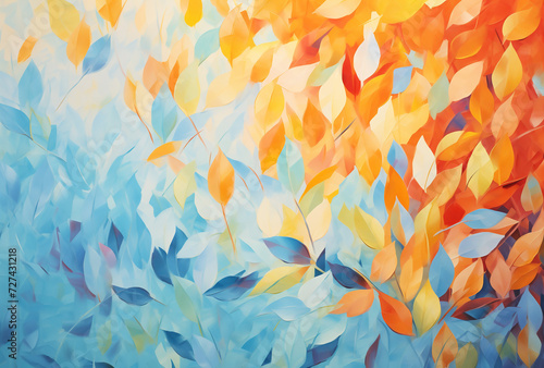 an abstract coloured leaf painting in blue  orange and yellow with a light blue background  in the style of pixelation  colorful collage  soft  dreamlike brushstrokes  warm color palette