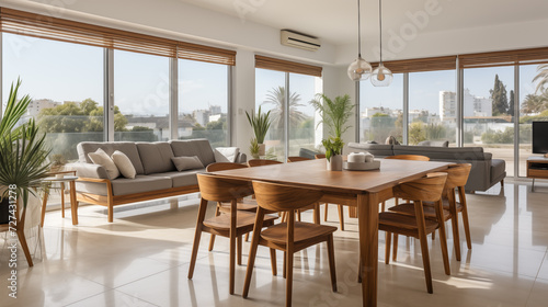 Set of dark wooden furniture in the beige color dining room. Concept of design and stylish light interior © lisssbetha