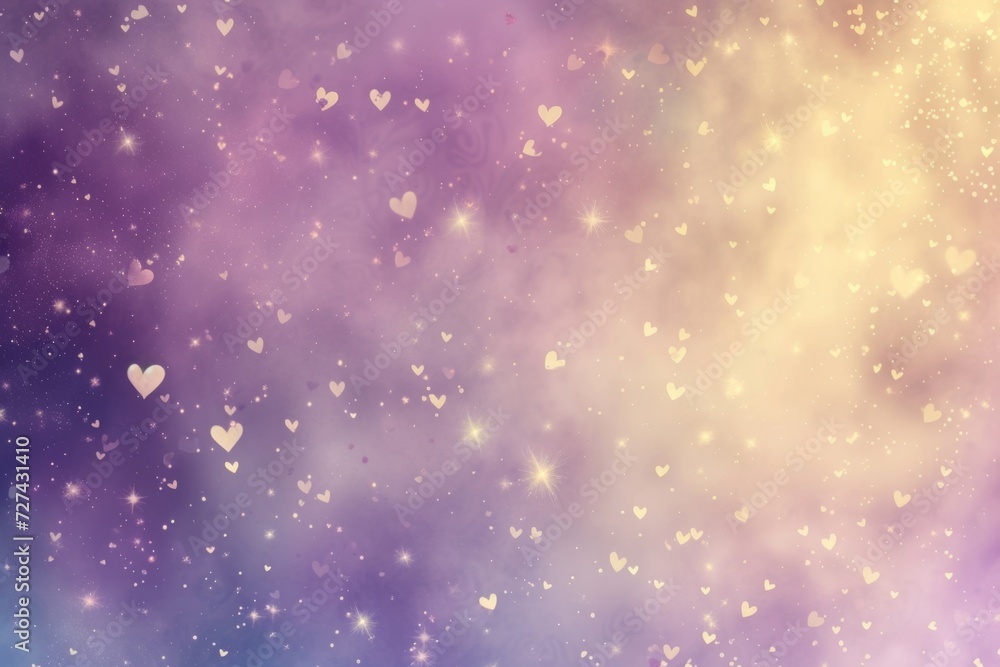 An elegant background in pastel shades of lilac and soft yellow, with a scatter of small hearts creating a starry sky effect