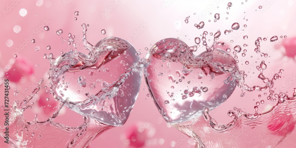 A dynamic two heart-shaped water splash, clear and sparkling, on a gradient light pink background with roses flowers A dynamic two heart-shaped water splash, clear and sparkling, on a gradient light pink background with roses flowers