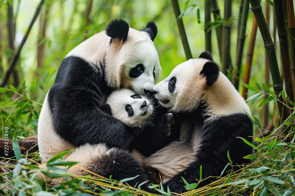 family of pandas playing together in a bamboo forest