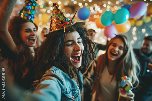 group of friends dancing in silly costumes at a costume party